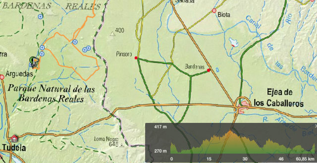 Mapa y perfil de ruta circular por las Bardenas Reales