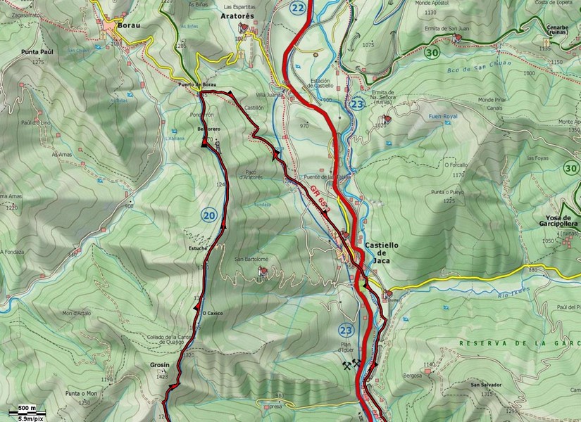 Mapa de detalle del sendero que baja hacia Castiello